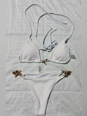 NWOT White Textured Two-Piece Bikini with Gold Pearl Chain Details